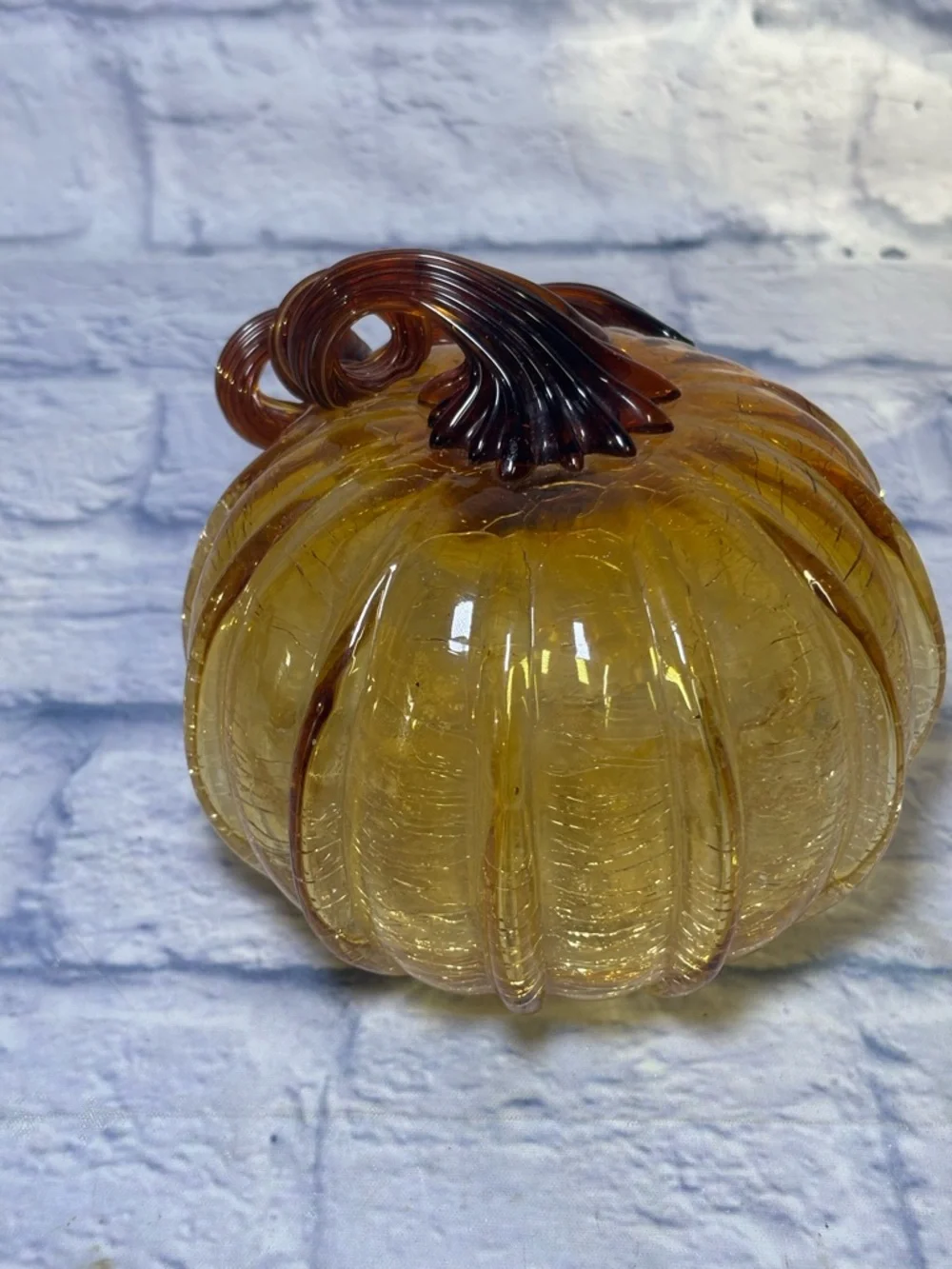 Glass Amber Pumpkin Hand Blown Crackle Finish Thanksgiving Curly Steam Pier One
